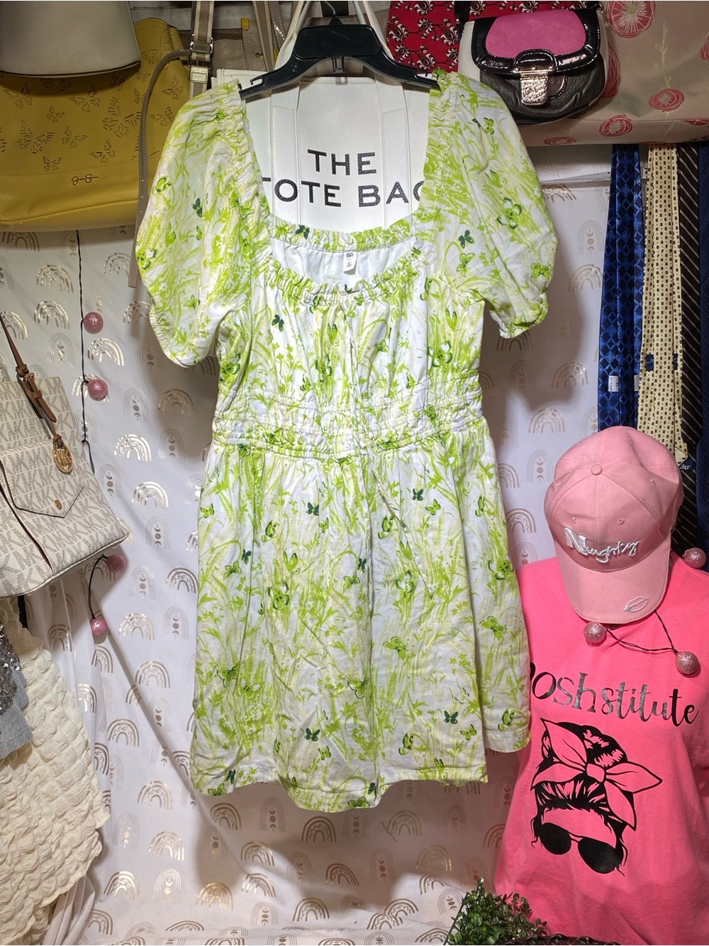 bp White and Lime Green Floral Puff-Sleeve Dress